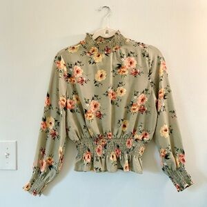 Crave Fame Floral Smocked Blouse - Green and Pink